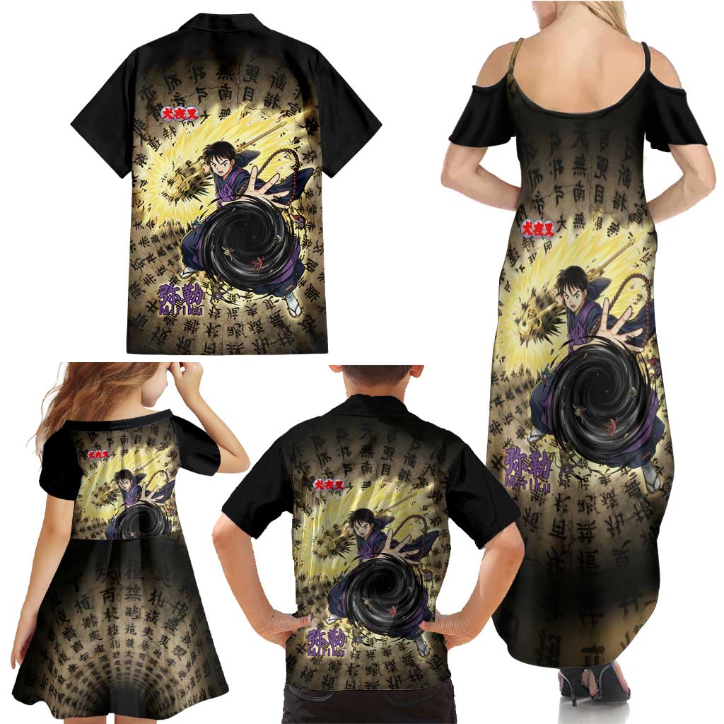Miroku Inuyasha Series Family Matching Summer Maxi Dress and Hawaiian Shirt Cursed Monk Aesthetic with Sutra Script Background