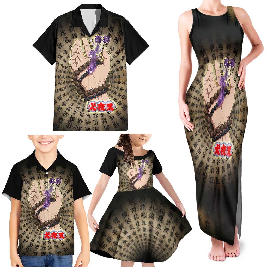 Miroku Inuyasha Series Family Matching Tank Maxi Dress and Hawaiian Shirt Cursed Monk Aesthetic with Sutra Script Background