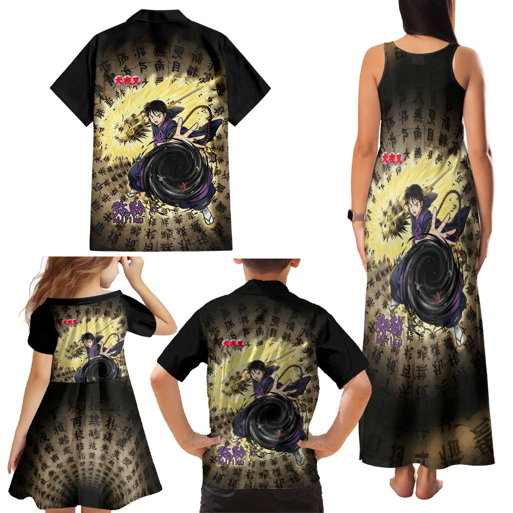 Miroku Inuyasha Series Family Matching Tank Maxi Dress and Hawaiian Shirt Cursed Monk Aesthetic with Sutra Script Background