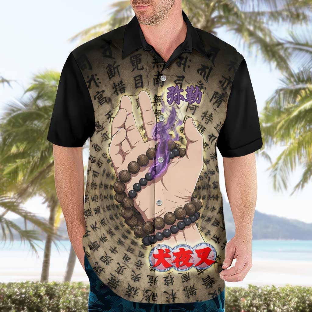 Miroku Inuyasha Series Hawaiian Shirt Cursed Monk Aesthetic with Sutra Script Background
