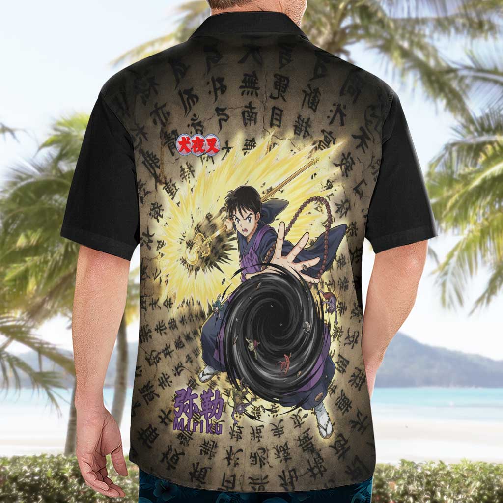 Miroku Inuyasha Series Hawaiian Shirt Cursed Monk Aesthetic with Sutra Script Background