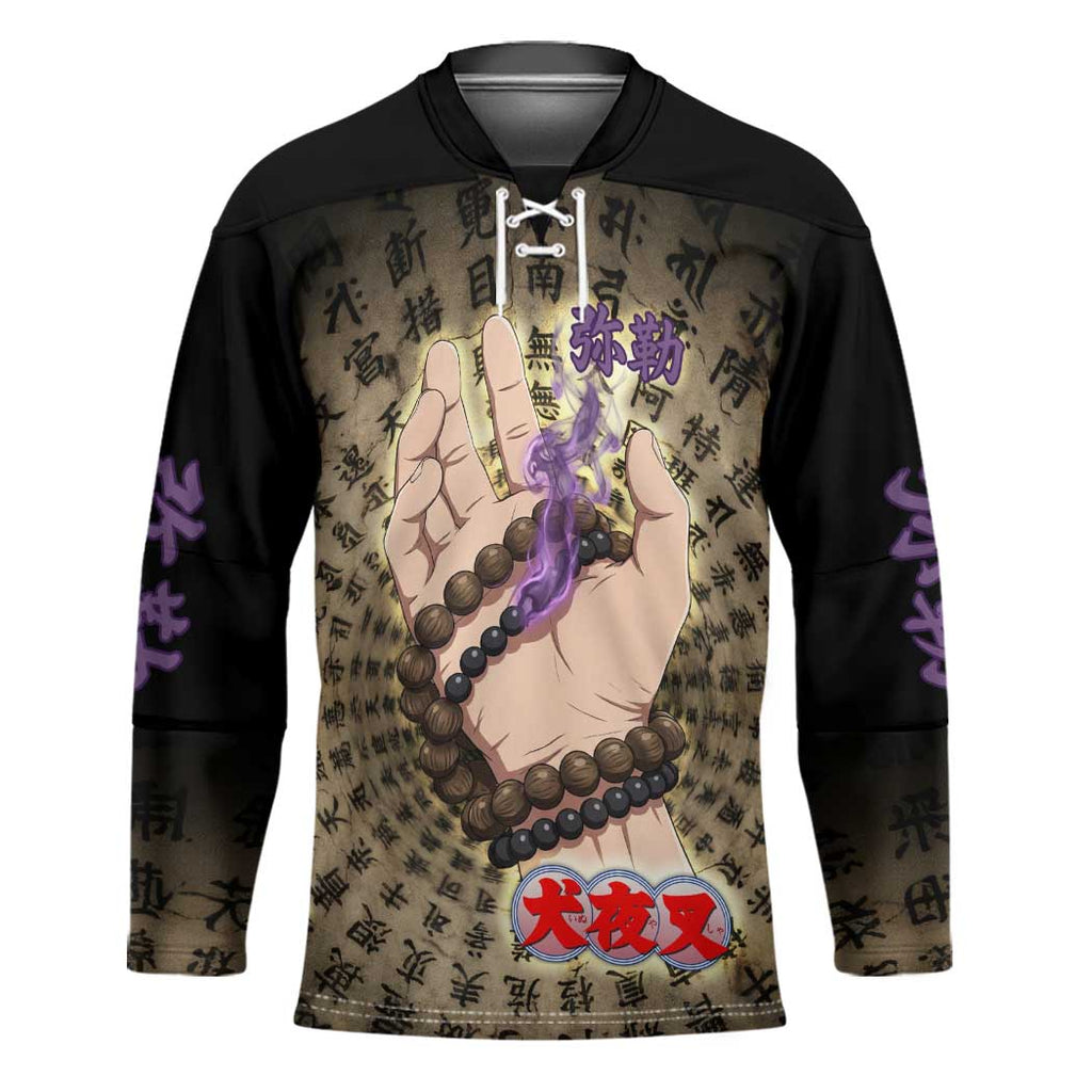 Miroku Inuyasha Series Hockey Jersey Cursed Monk Aesthetic with Sutra Script Background