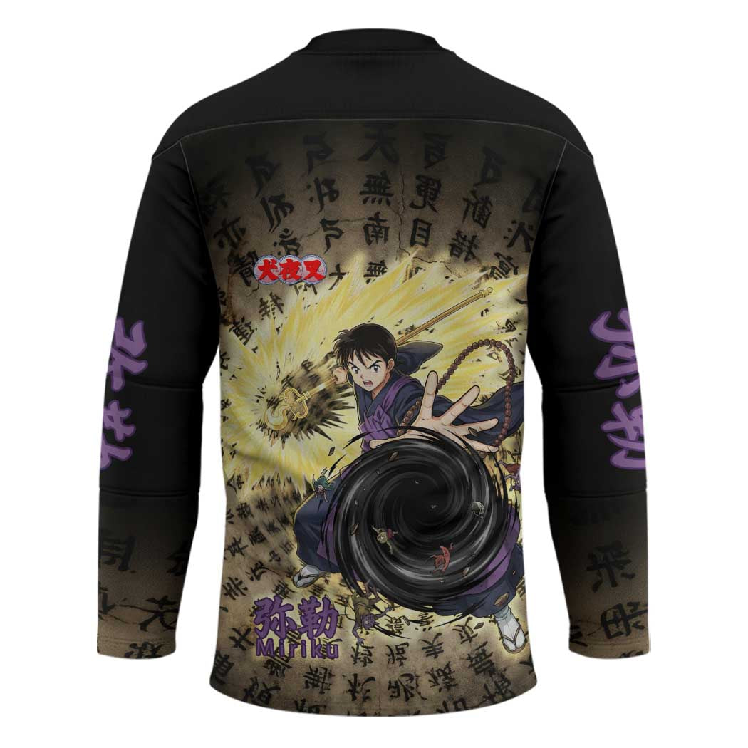 Miroku Inuyasha Series Hockey Jersey Cursed Monk Aesthetic with Sutra Script Background
