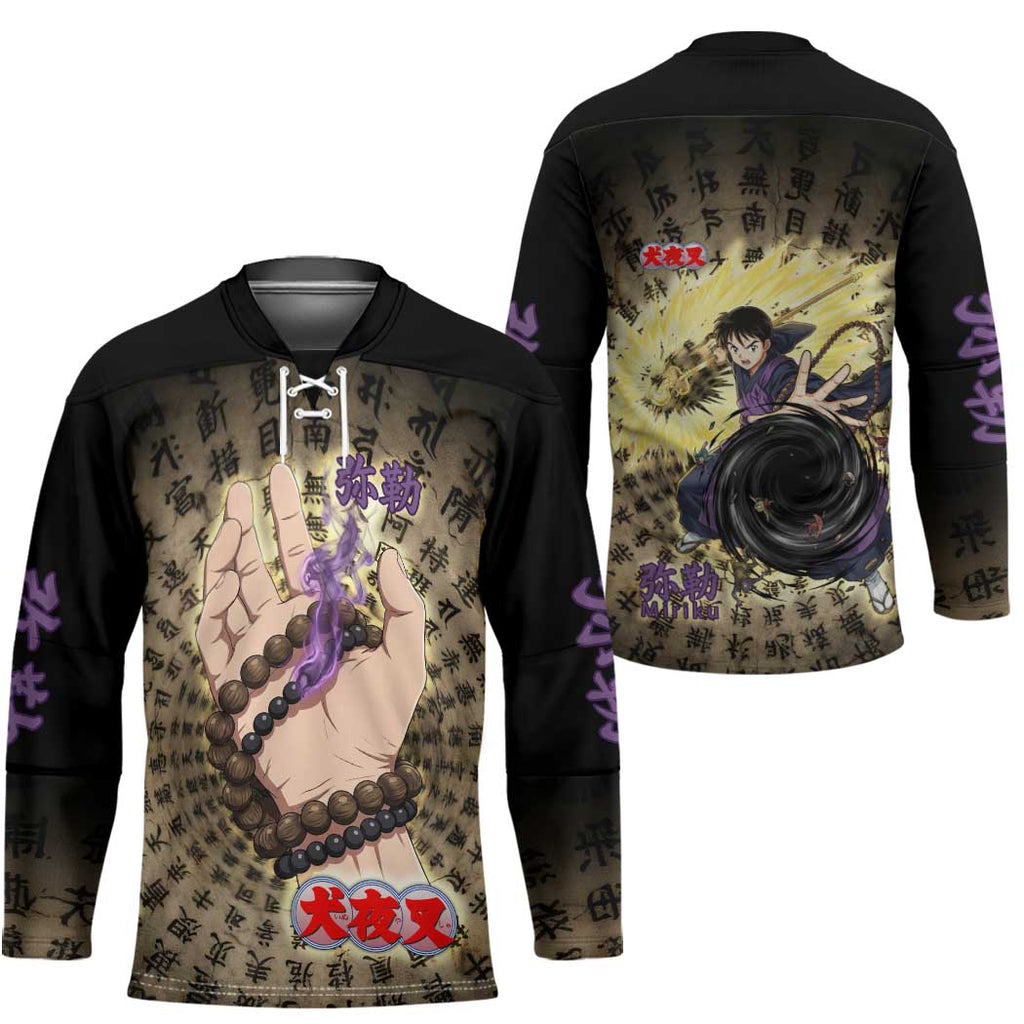 Miroku Inuyasha Series Hockey Jersey Cursed Monk Aesthetic with Sutra Script Background