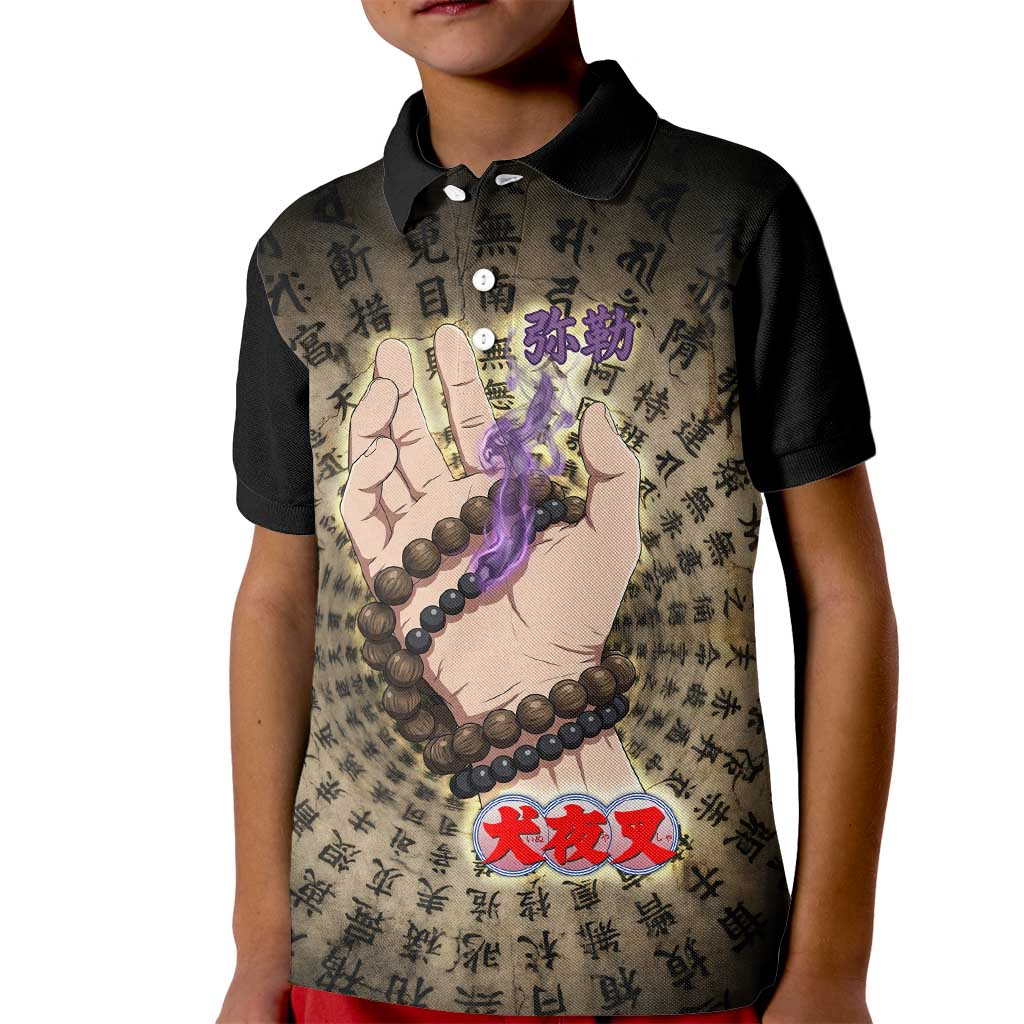 Miroku Inuyasha Series Kid Polo Shirt Cursed Monk Aesthetic with Sutra Script Background