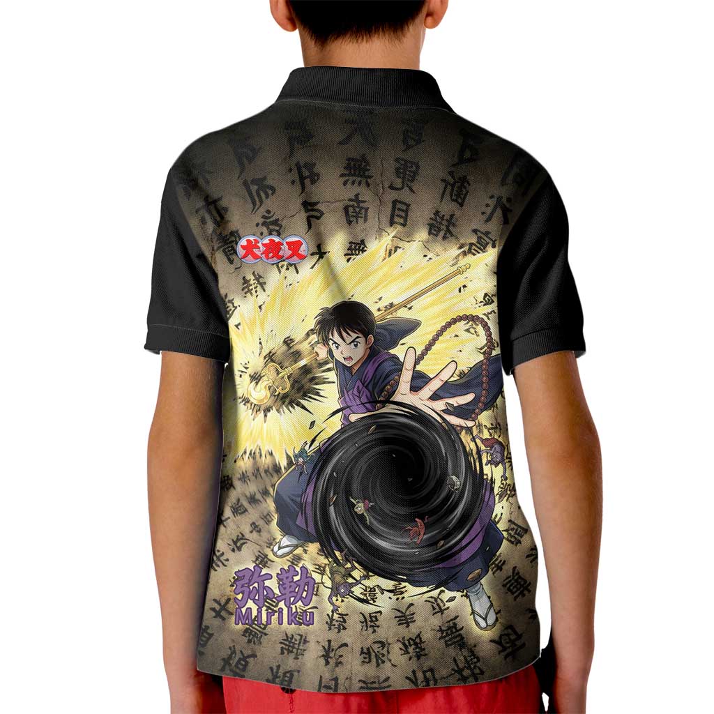 Miroku Inuyasha Series Kid Polo Shirt Cursed Monk Aesthetic with Sutra Script Background