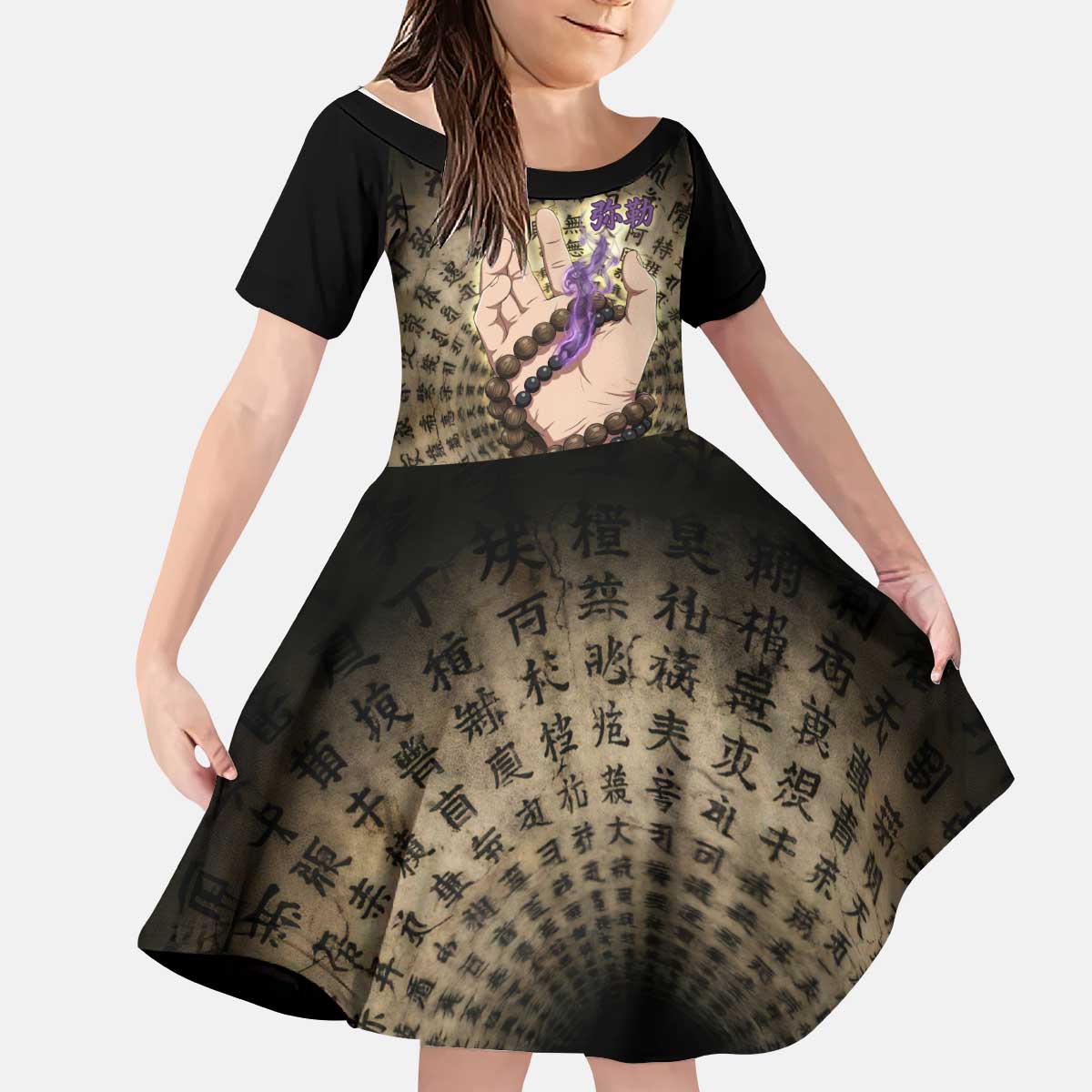 Miroku Inuyasha Series Kid Short Sleeve Dress Cursed Monk Aesthetic with Sutra Script Background