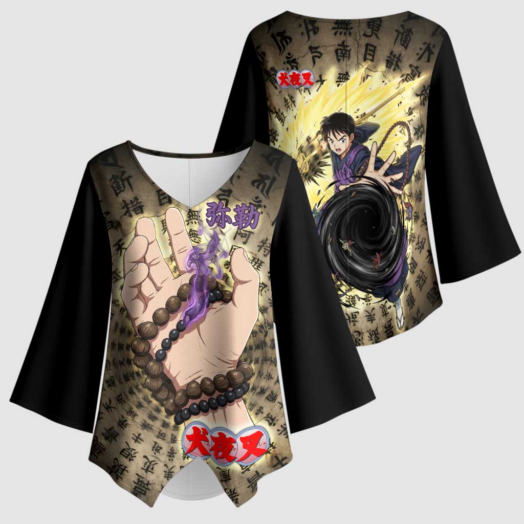 Miroku Inuyasha Series Kimono Sleeve Blouse Cursed Monk Aesthetic with Sutra Script Background
