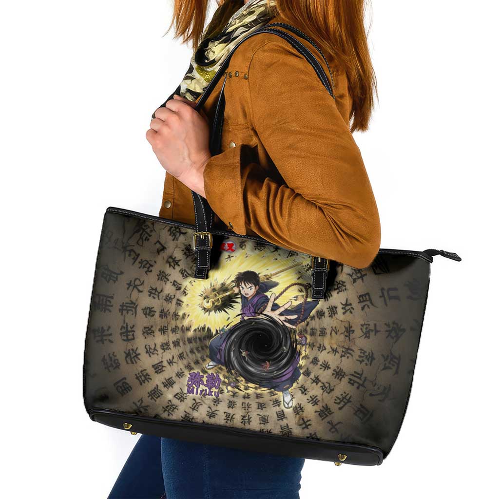 Miroku Inuyasha Series Leather Tote Bag Cursed Monk Aesthetic with Sutra Script Background