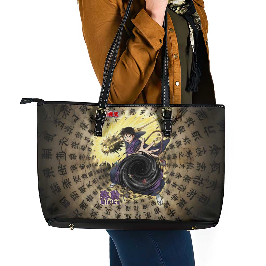 Miroku Inuyasha Series Leather Tote Bag Cursed Monk Aesthetic with Sutra Script Background