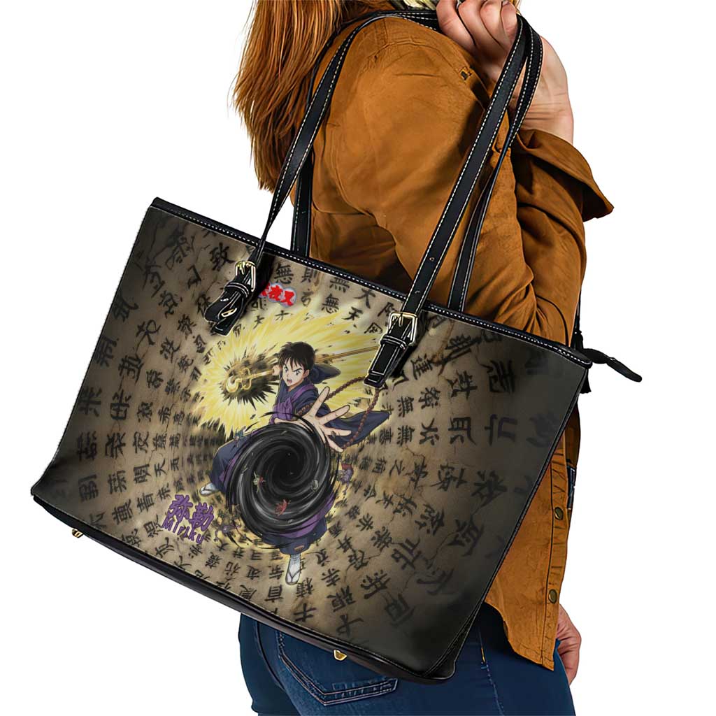 Miroku Inuyasha Series Leather Tote Bag Cursed Monk Aesthetic with Sutra Script Background