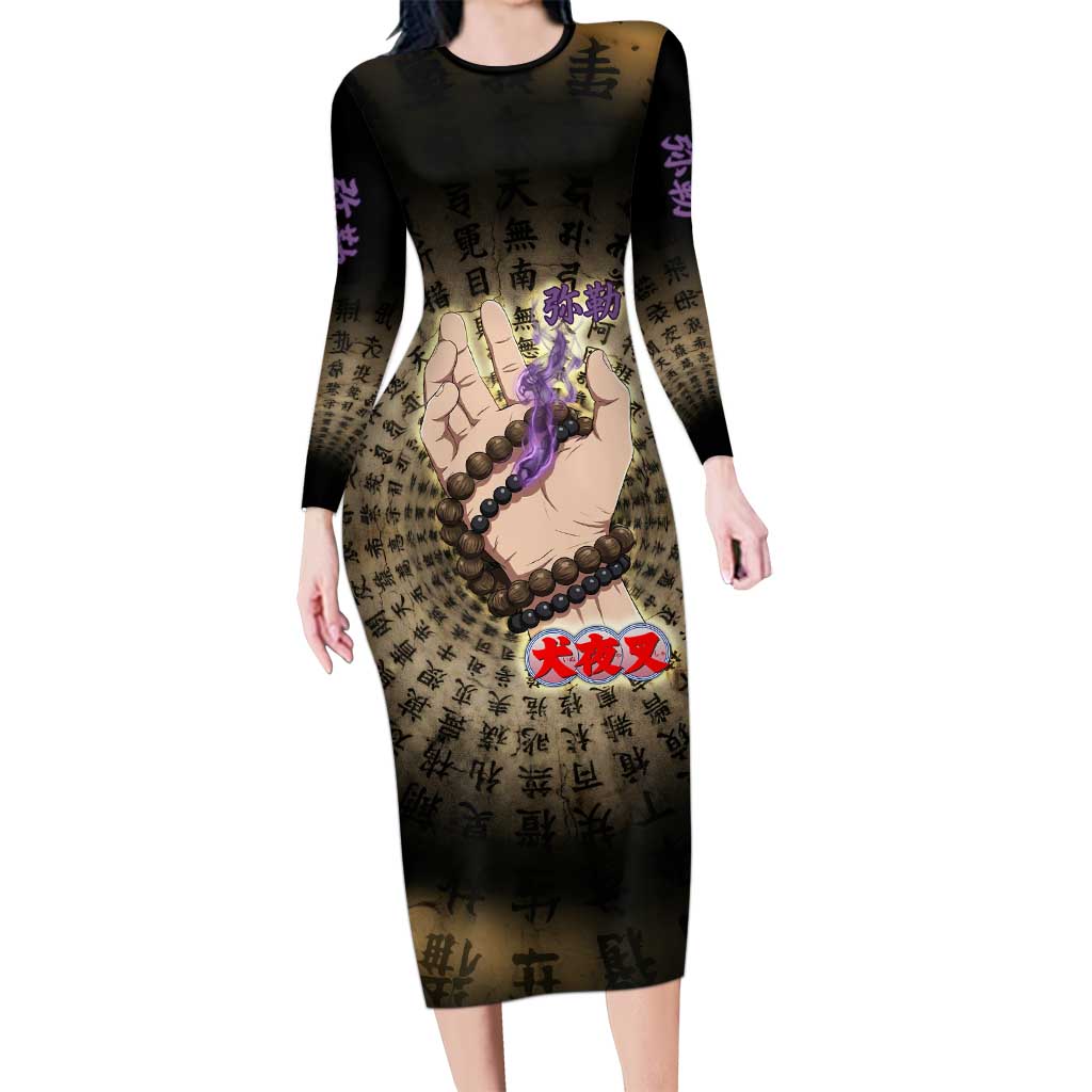 Miroku Inuyasha Series Long Sleeve Bodycon Dress Cursed Monk Aesthetic with Sutra Script Background