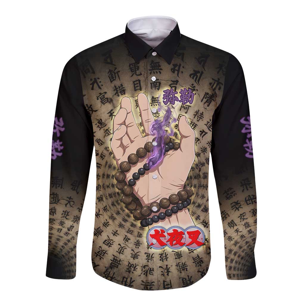 Miroku Inuyasha Series Long Sleeve Button Shirt Cursed Monk Aesthetic with Sutra Script Background