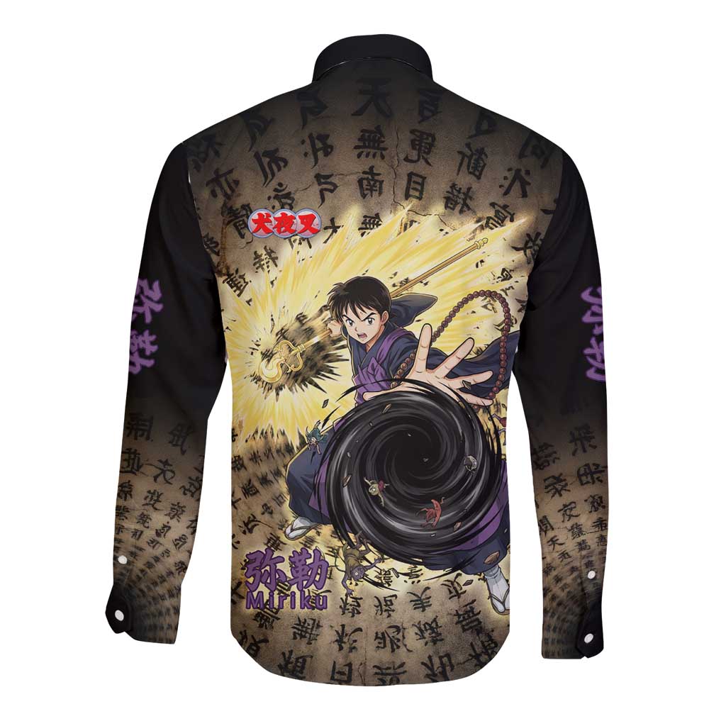 Miroku Inuyasha Series Long Sleeve Button Shirt Cursed Monk Aesthetic with Sutra Script Background