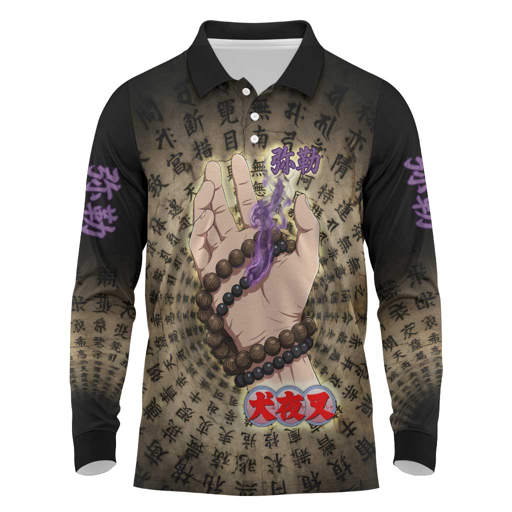 Miroku Inuyasha Series Long Sleeve Polo Shirt Cursed Monk Aesthetic with Sutra Script Background