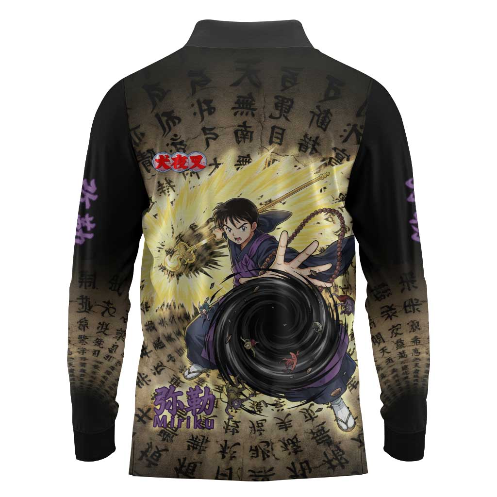 Miroku Inuyasha Series Long Sleeve Polo Shirt Cursed Monk Aesthetic with Sutra Script Background
