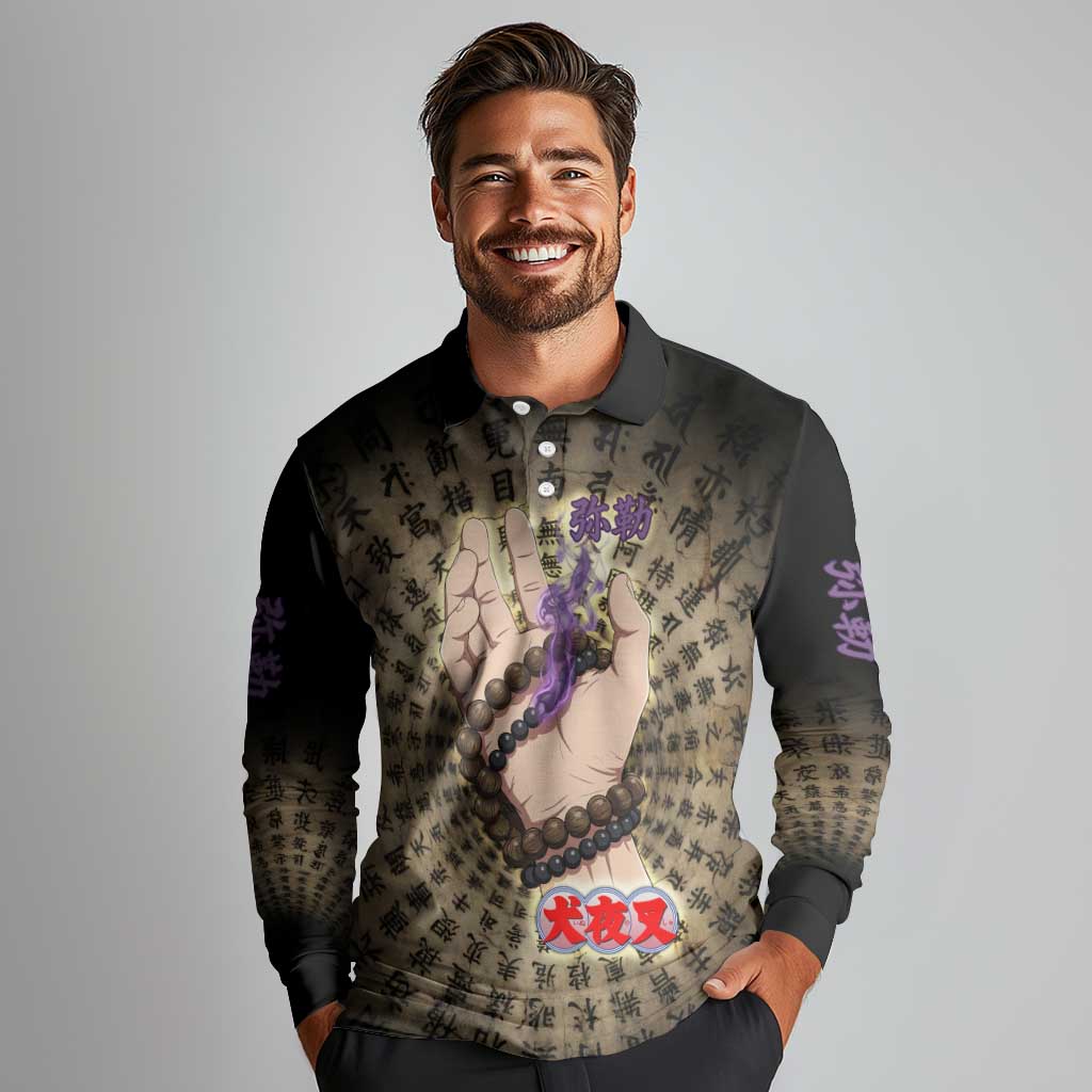 Miroku Inuyasha Series Long Sleeve Polo Shirt Cursed Monk Aesthetic with Sutra Script Background
