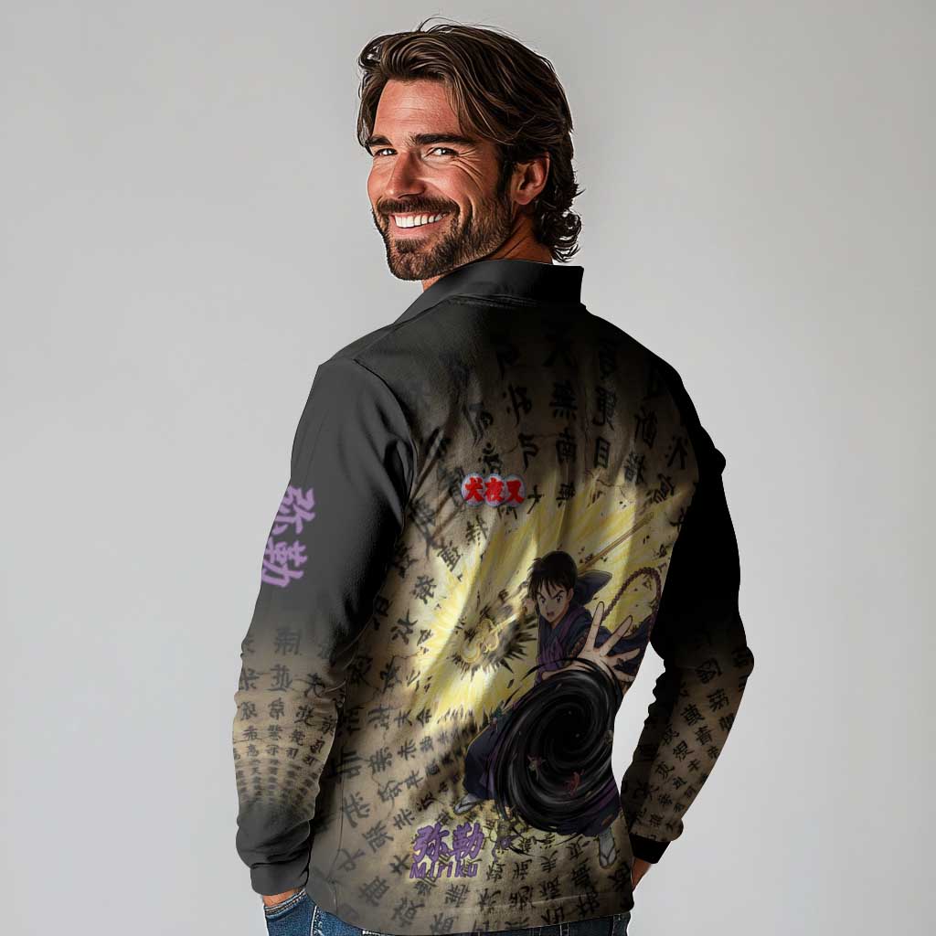 Miroku Inuyasha Series Long Sleeve Polo Shirt Cursed Monk Aesthetic with Sutra Script Background