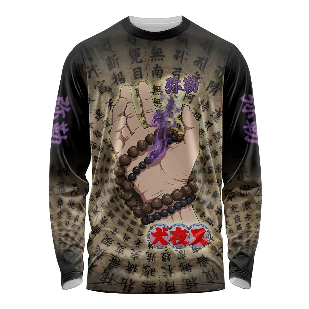 Miroku Inuyasha Series Long Sleeve Shirt Cursed Monk Aesthetic with Sutra Script Background