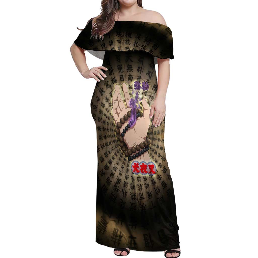 Miroku Inuyasha Series Off Shoulder Maxi Dress Cursed Monk Aesthetic with Sutra Script Background