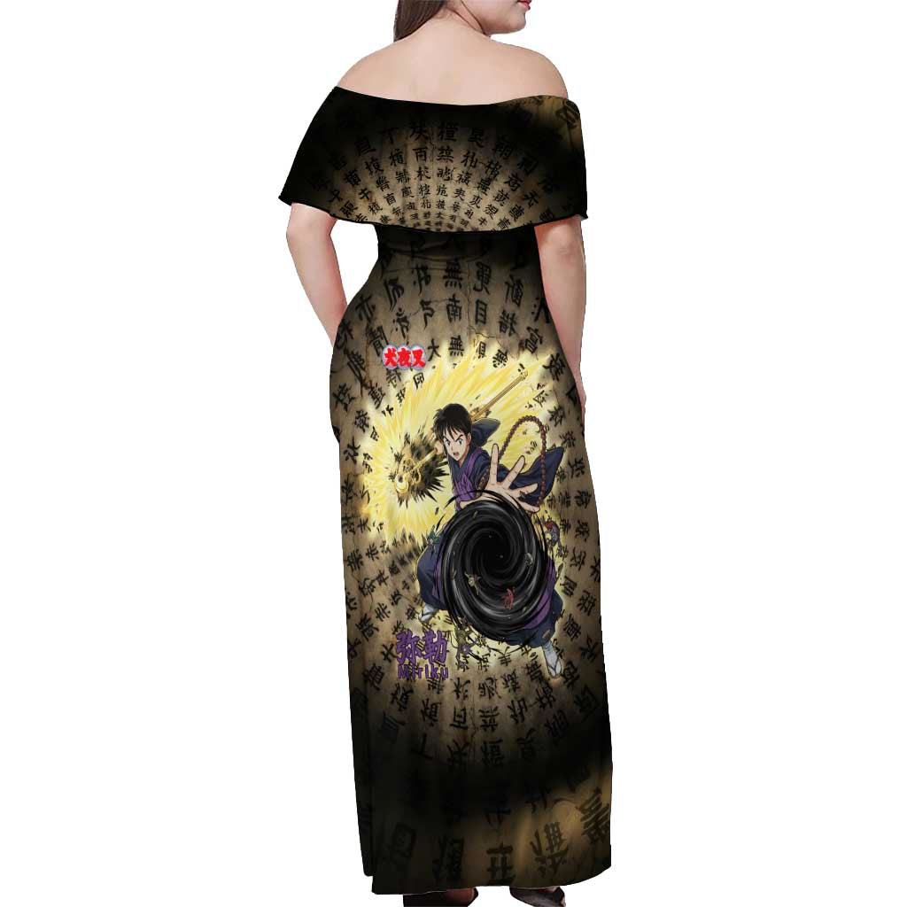 Miroku Inuyasha Series Off Shoulder Maxi Dress Cursed Monk Aesthetic with Sutra Script Background