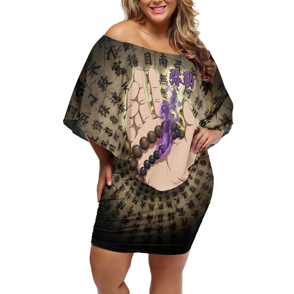 Miroku Inuyasha Series Off Shoulder Short Dress Cursed Monk Aesthetic with Sutra Script Background