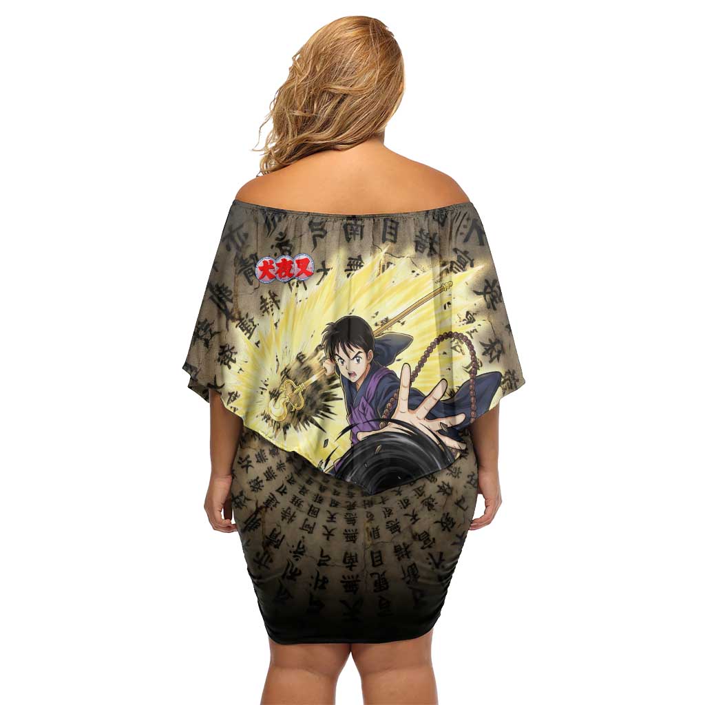 Miroku Inuyasha Series Off Shoulder Short Dress Cursed Monk Aesthetic with Sutra Script Background