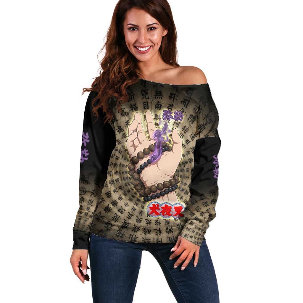 Miroku Inuyasha Series Off Shoulder Sweater Cursed Monk Aesthetic with Sutra Script Background