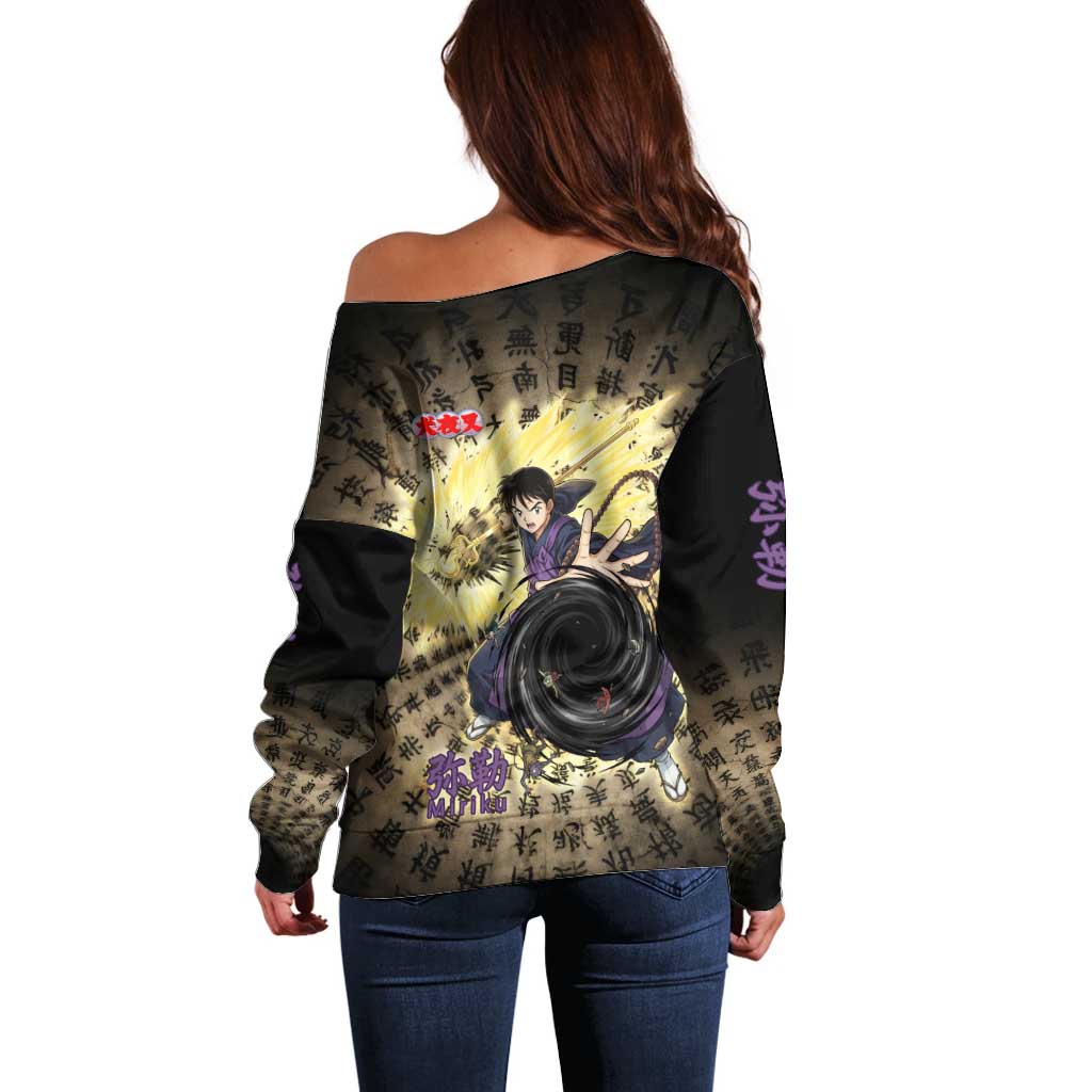 Miroku Inuyasha Series Off Shoulder Sweater Cursed Monk Aesthetic with Sutra Script Background