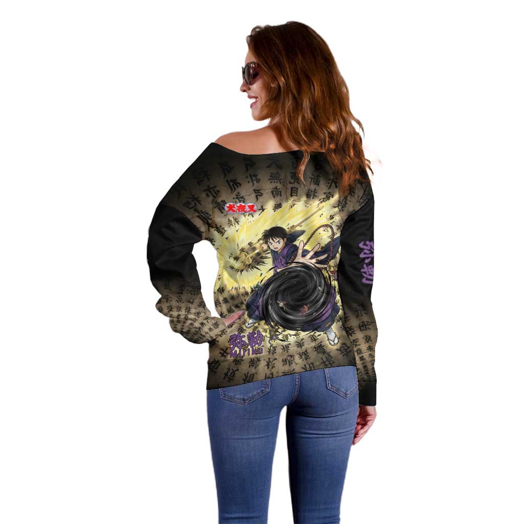 Miroku Inuyasha Series Off Shoulder Sweater Cursed Monk Aesthetic with Sutra Script Background