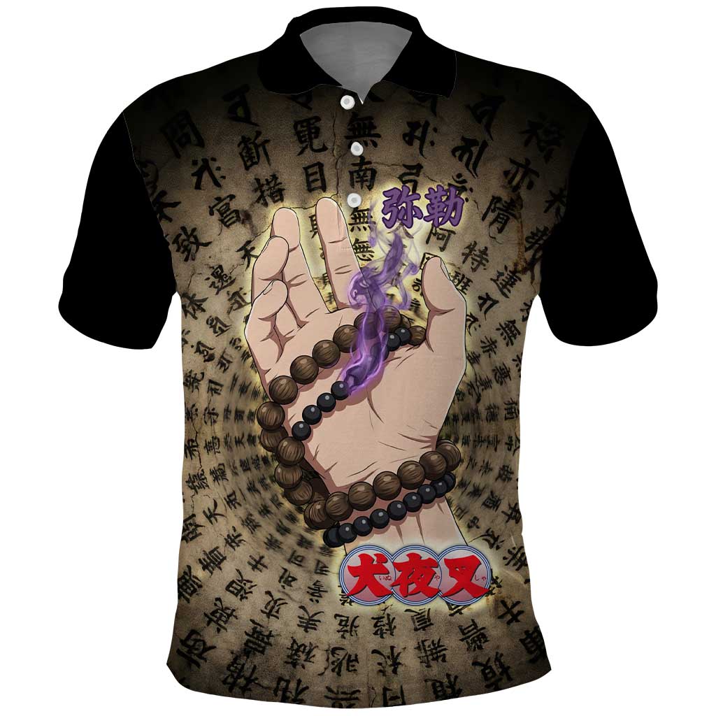 Miroku Inuyasha Series Polo Shirt Cursed Monk Aesthetic with Sutra Script Background