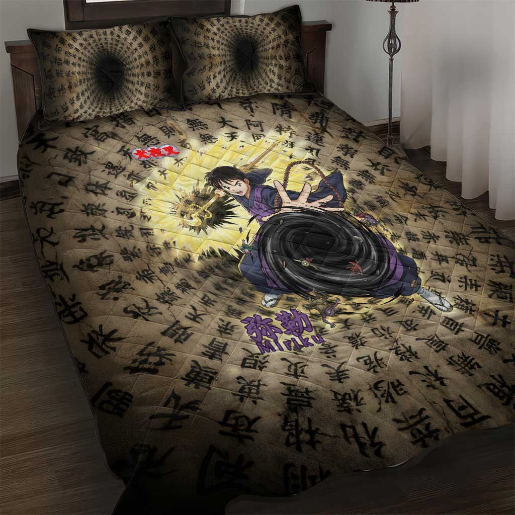 Miroku Inuyasha Series Quilt Bed Set Cursed Monk Aesthetic with Sutra Script Background