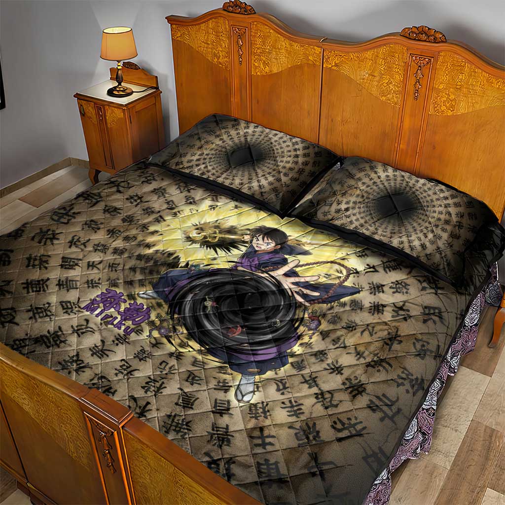 Miroku Inuyasha Series Quilt Bed Set Cursed Monk Aesthetic with Sutra Script Background