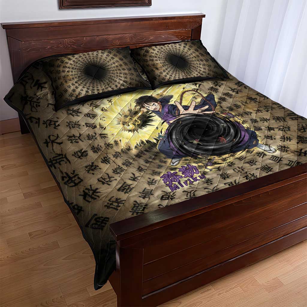 Miroku Inuyasha Series Quilt Bed Set Cursed Monk Aesthetic with Sutra Script Background