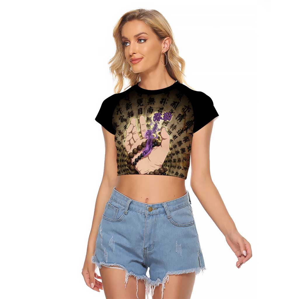 Miroku Inuyasha Series Raglan Cropped T Shirt Cursed Monk Aesthetic with Sutra Script Background