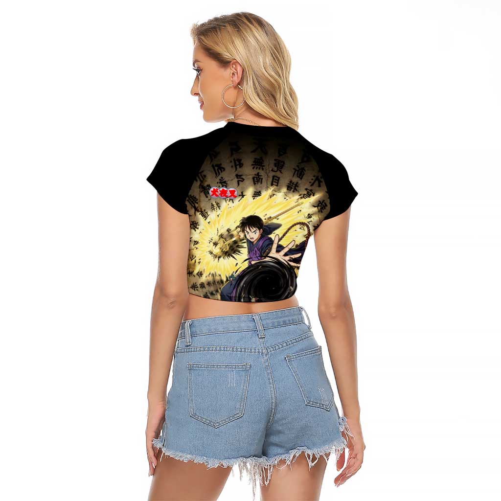 Miroku Inuyasha Series Raglan Cropped T Shirt Cursed Monk Aesthetic with Sutra Script Background