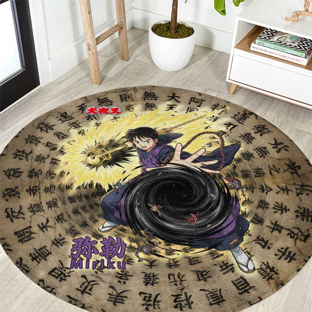 Miroku Inuyasha Series Round Carpet Cursed Monk Aesthetic with Sutra Script Background