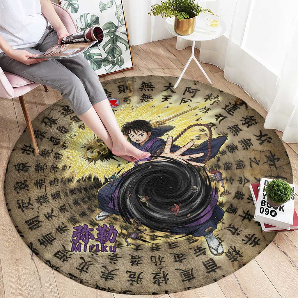 Miroku Inuyasha Series Round Carpet Cursed Monk Aesthetic with Sutra Script Background