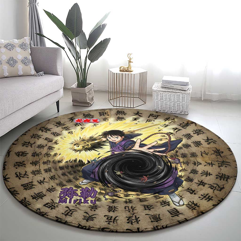 Miroku Inuyasha Series Round Carpet Cursed Monk Aesthetic with Sutra Script Background
