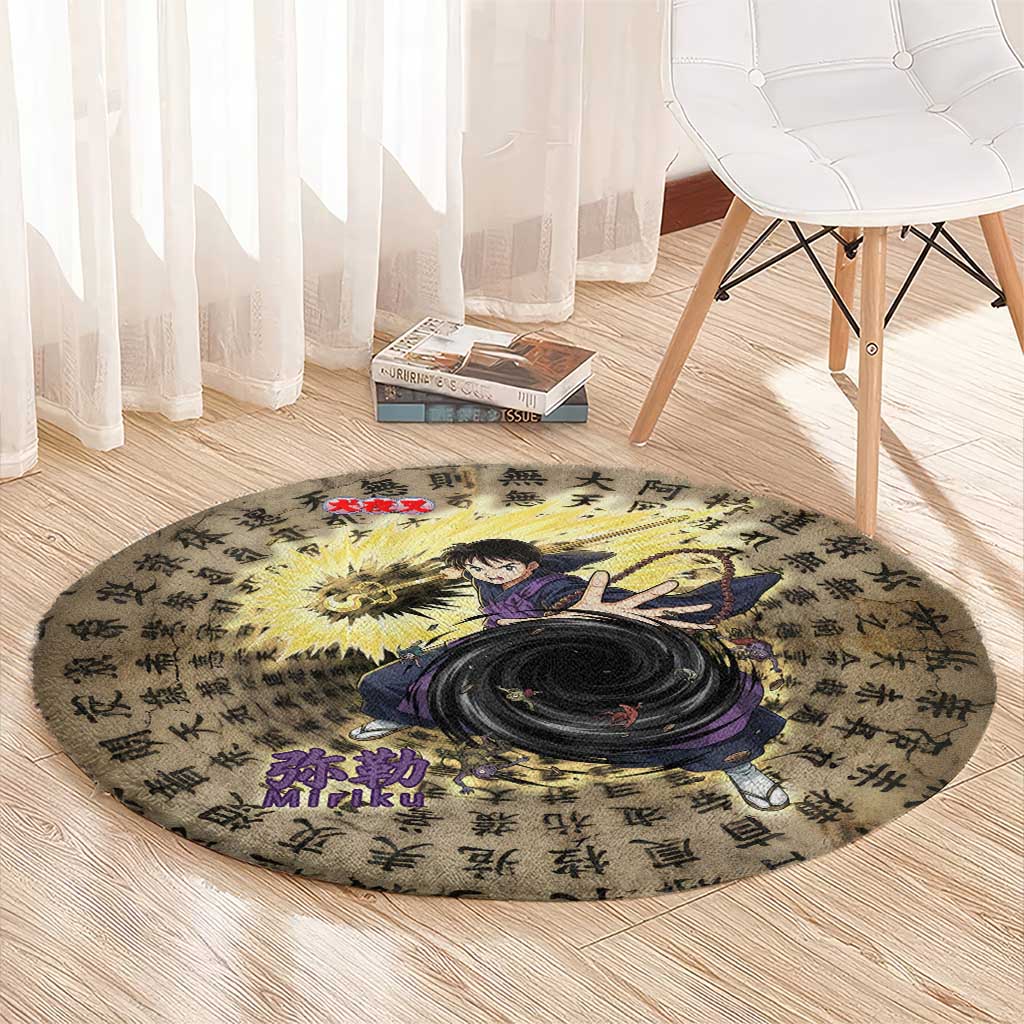 Miroku Inuyasha Series Round Carpet Cursed Monk Aesthetic with Sutra Script Background