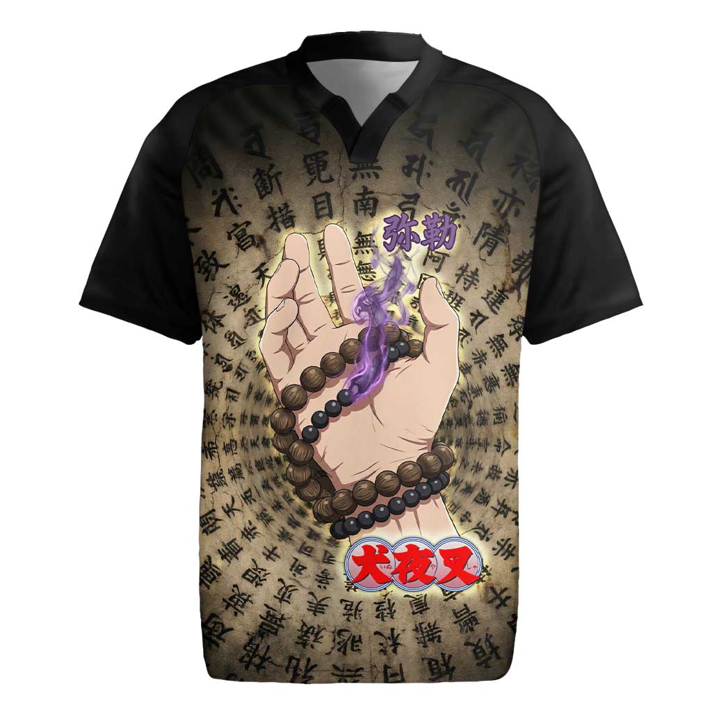 Miroku Inuyasha Series Rugby Jersey Cursed Monk Aesthetic with Sutra Script Background