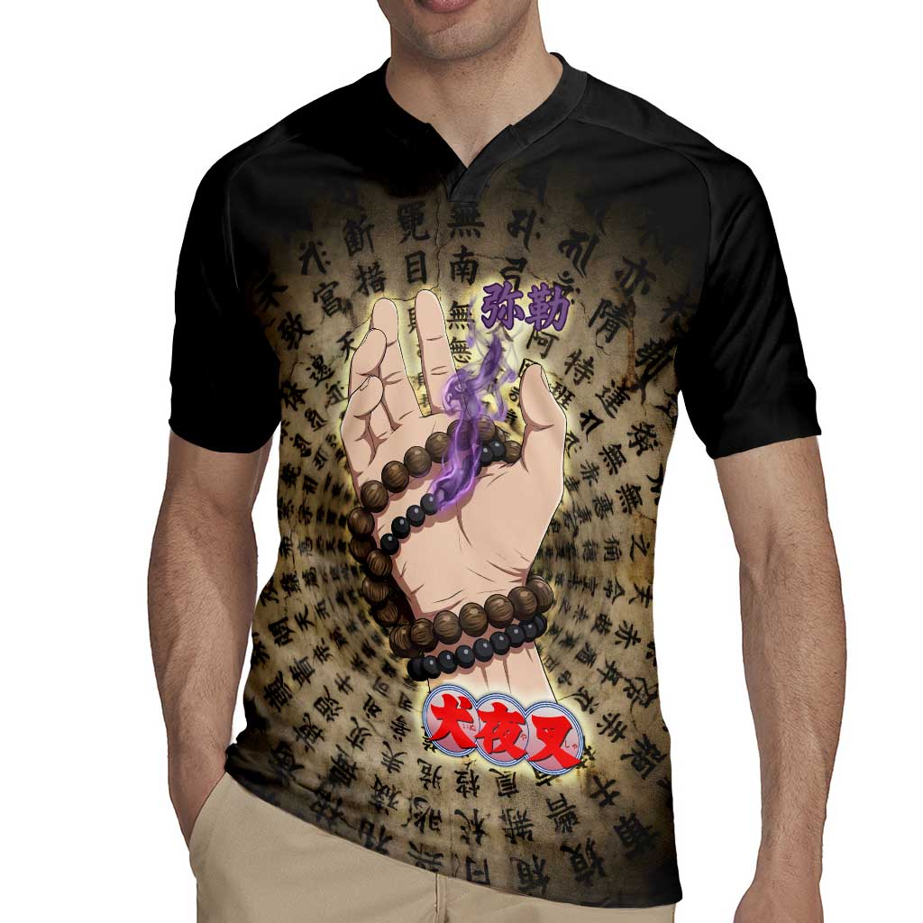 Miroku Inuyasha Series Rugby Jersey Cursed Monk Aesthetic with Sutra Script Background