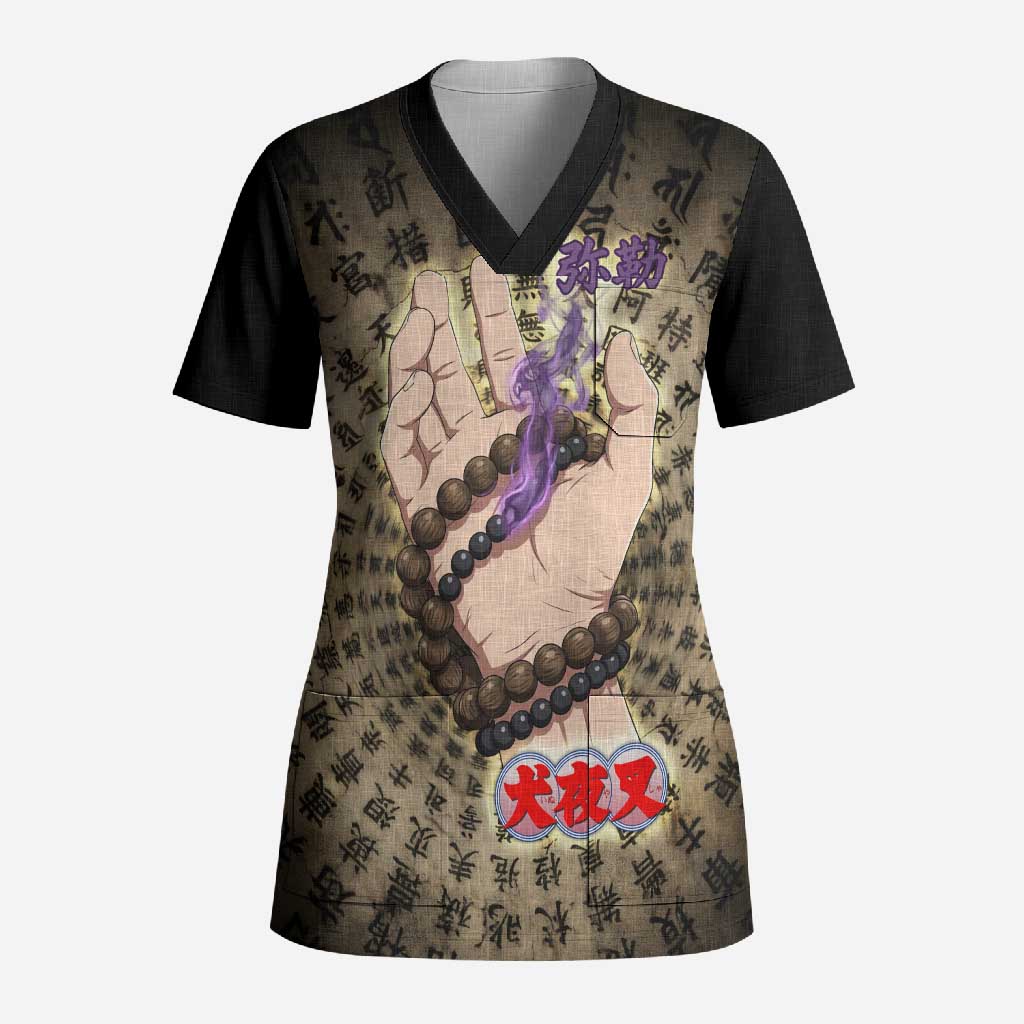 Miroku Inuyasha Series Scrub Top Cursed Monk Aesthetic with Sutra Script Background
