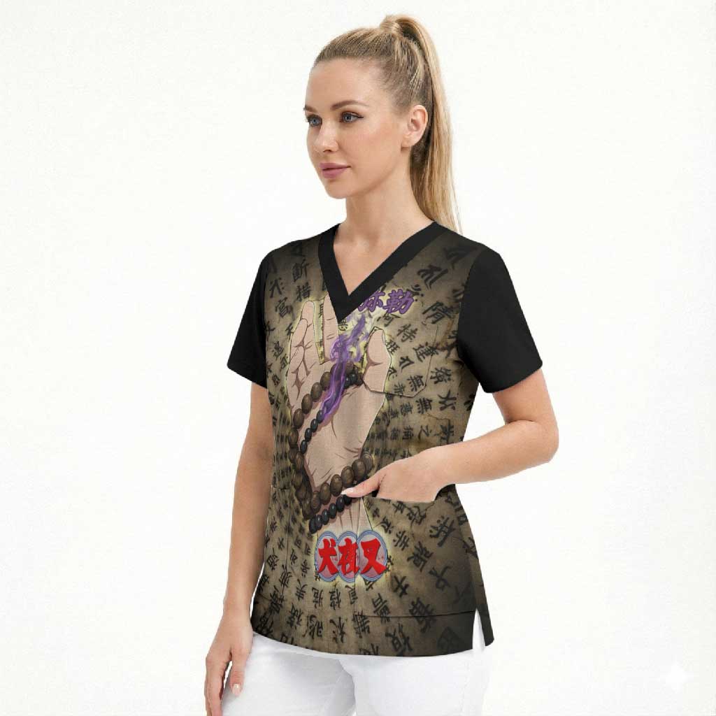 Miroku Inuyasha Series Scrub Top Cursed Monk Aesthetic with Sutra Script Background