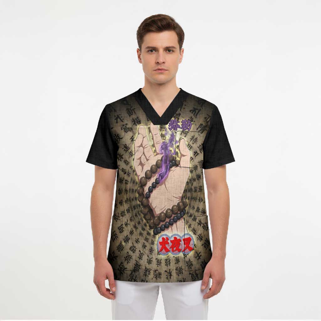 Miroku Inuyasha Series Scrub Top Cursed Monk Aesthetic with Sutra Script Background