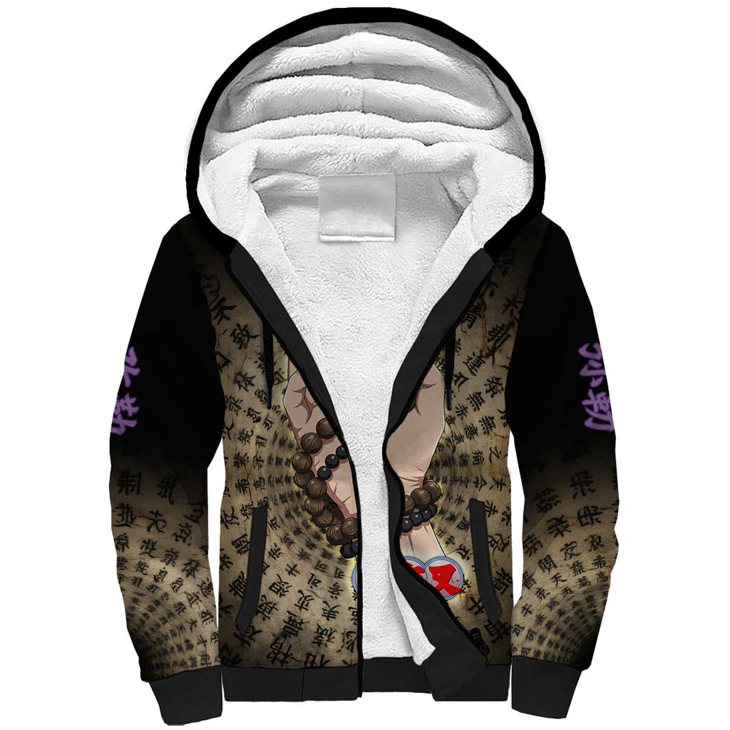 Miroku Inuyasha Series Sherpa Hoodie Cursed Monk Aesthetic with Sutra Script Background
