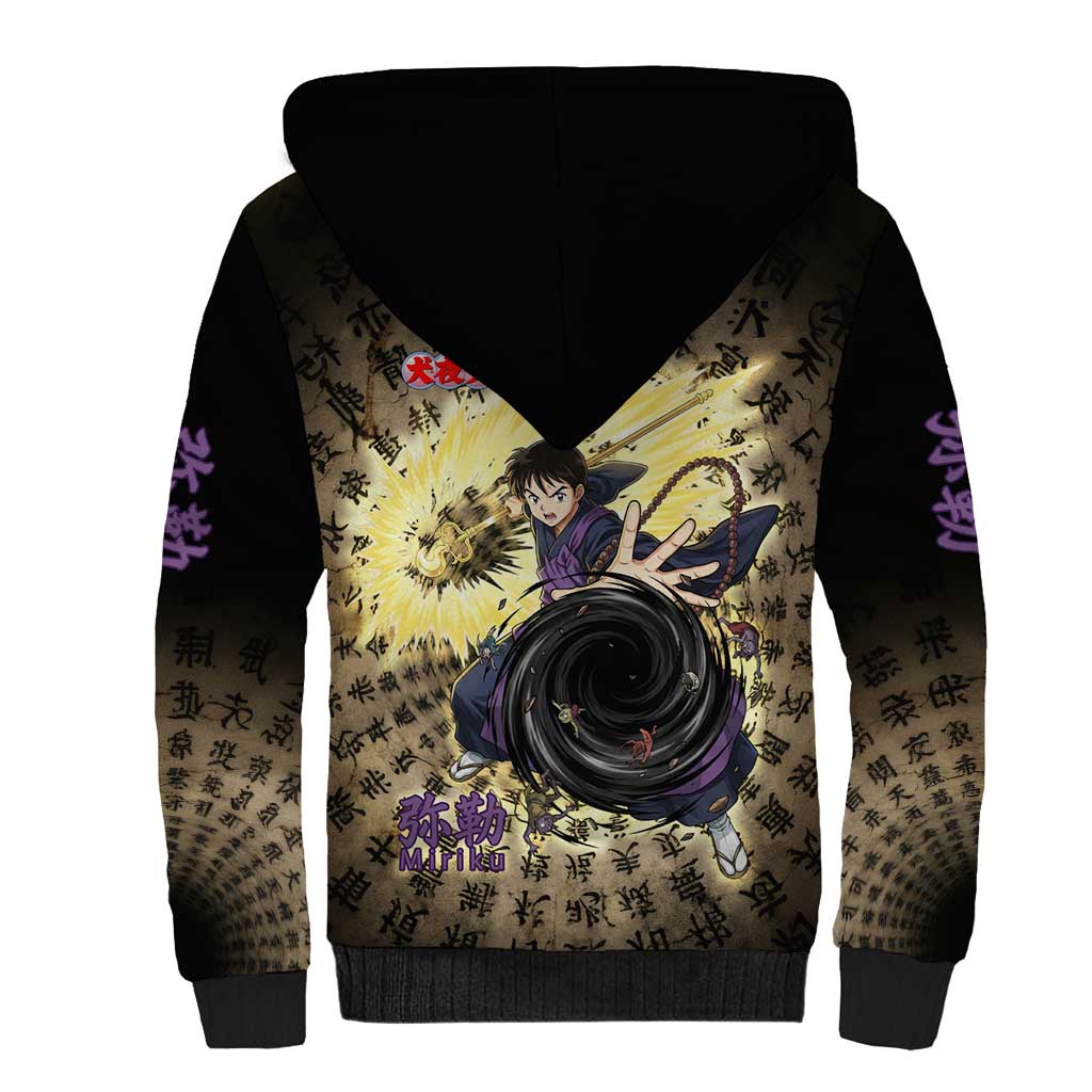 Miroku Inuyasha Series Sherpa Hoodie Cursed Monk Aesthetic with Sutra Script Background