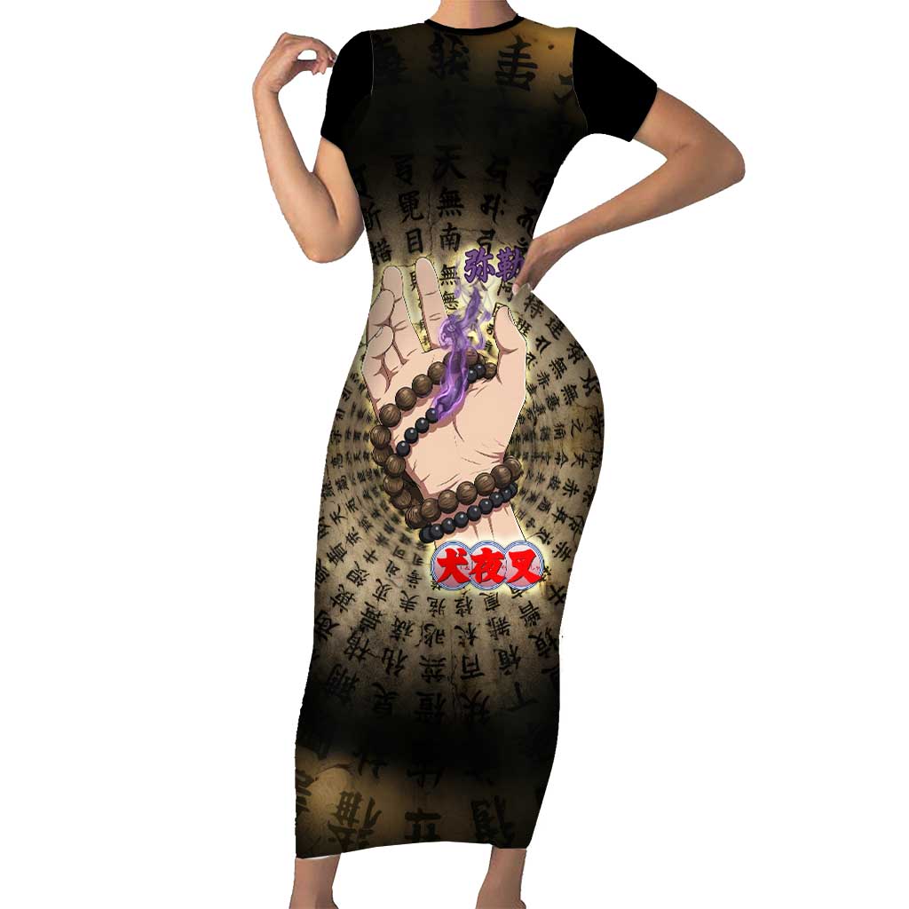 Miroku Inuyasha Series Short Sleeve Bodycon Dress Cursed Monk Aesthetic with Sutra Script Background