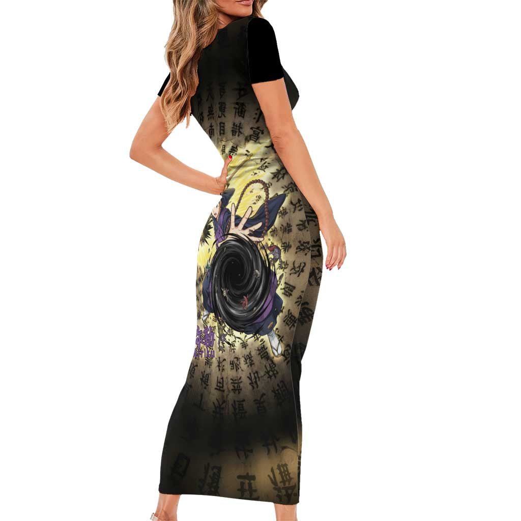 Miroku Inuyasha Series Short Sleeve Bodycon Dress Cursed Monk Aesthetic with Sutra Script Background
