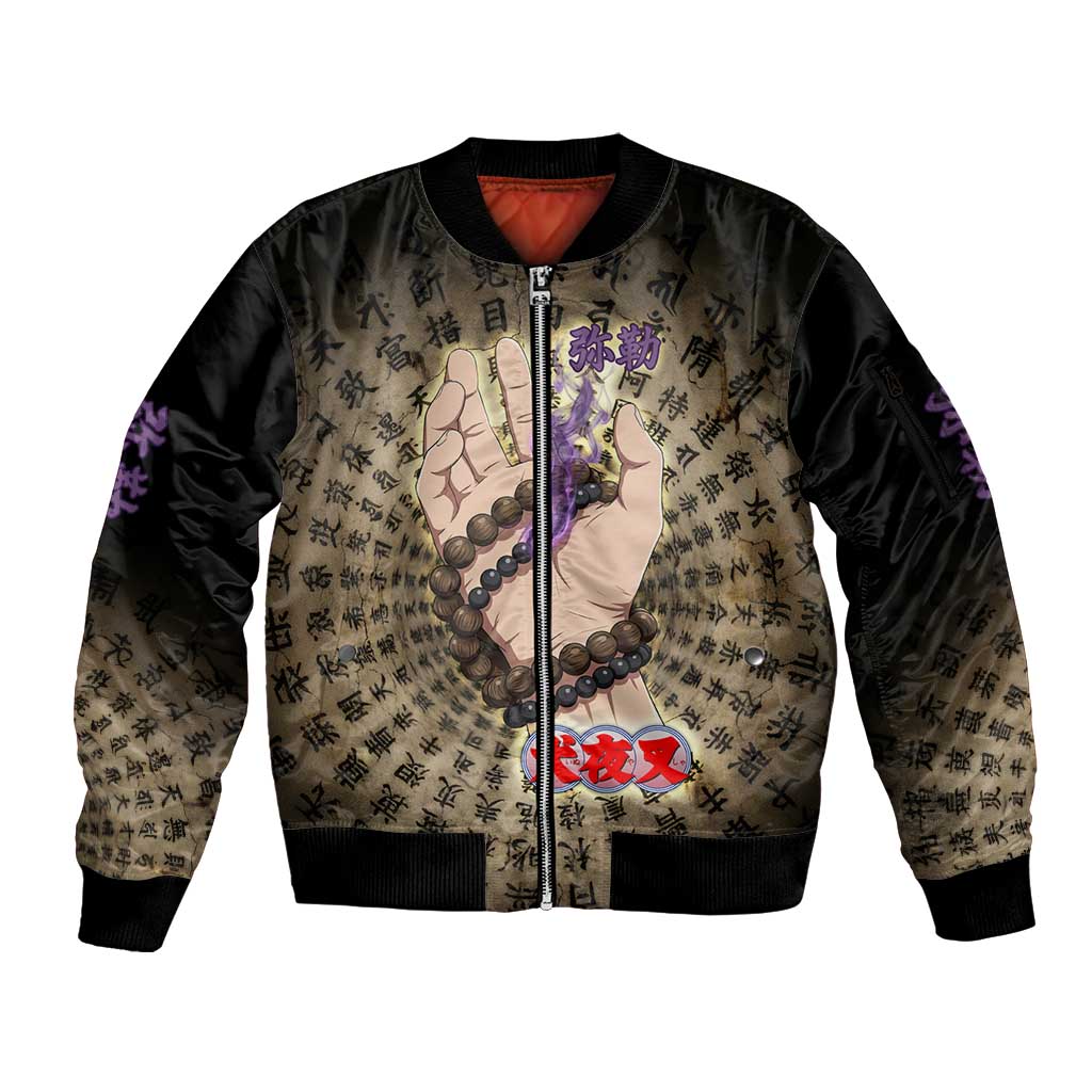 Miroku Inuyasha Series Sleeve Zip Bomber Jacket Cursed Monk Aesthetic with Sutra Script Background